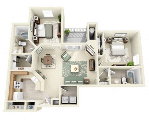 Floor plan for 2 beds, 2 baths, 1030 sqft